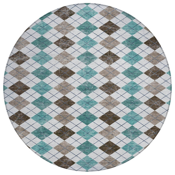 HomeRoots 8' Stylish Teal Blue, Taupe & Ivory Round Geometric Rug - Machine Washable for Indoor/Outdoor Use 639805