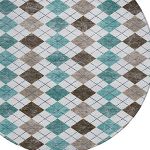 HomeRoots 8' Stylish Teal Blue, Taupe & Ivory Round Geometric Rug - Machine Washable for Indoor/Outdoor Use 639805