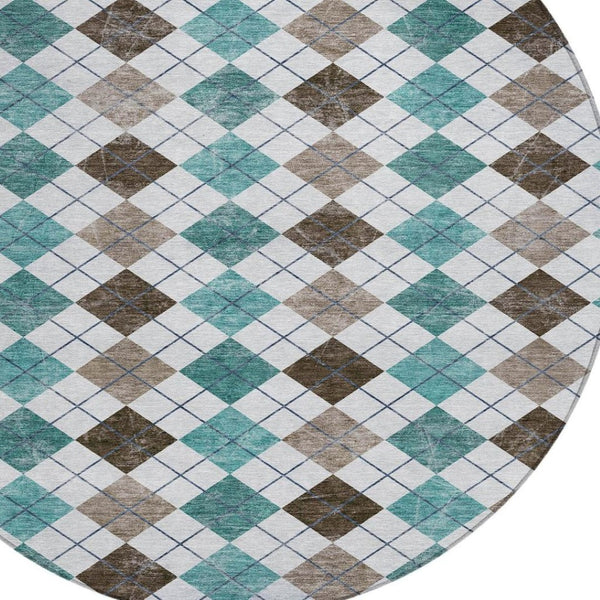 HomeRoots 8' Stylish Teal Blue, Taupe & Ivory Round Geometric Rug - Machine Washable for Indoor/Outdoor Use 639805