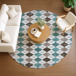 HomeRoots 8' Stylish Teal Blue, Taupe & Ivory Round Geometric Rug - Machine Washable for Indoor/Outdoor Use 639805