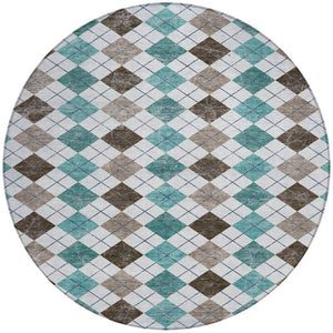 HomeRoots 8' Stylish Teal Blue, Taupe & Ivory Round Geometric Rug - Machine Washable for Indoor/Outdoor Use 639805
