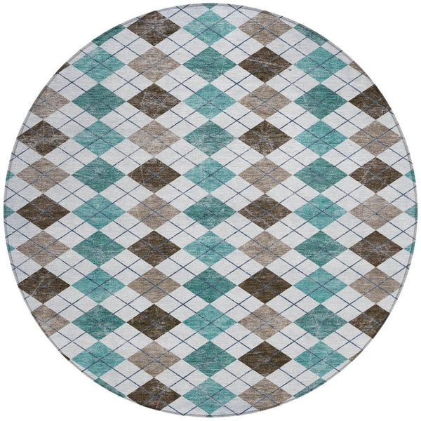 HomeRoots 8' Stylish Teal Blue, Taupe & Ivory Round Geometric Rug - Machine Washable for Indoor/Outdoor Use 639805