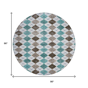 HomeRoots 8' Stylish Teal Blue, Taupe & Ivory Round Geometric Rug - Machine Washable for Indoor/Outdoor Use 639805