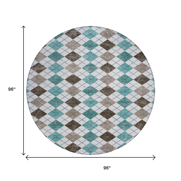 HomeRoots 8' Stylish Teal Blue, Taupe & Ivory Round Geometric Rug - Machine Washable for Indoor/Outdoor Use 639805