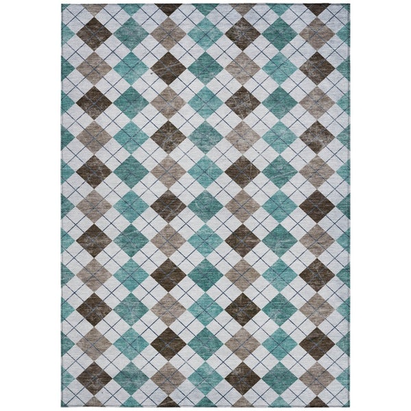 HomeRoots 8' X 10' Teal Blue Taupe Geometric Indoor Outdoor Area Rug - Durable, Washable, Stylish & Versatile! 639806
