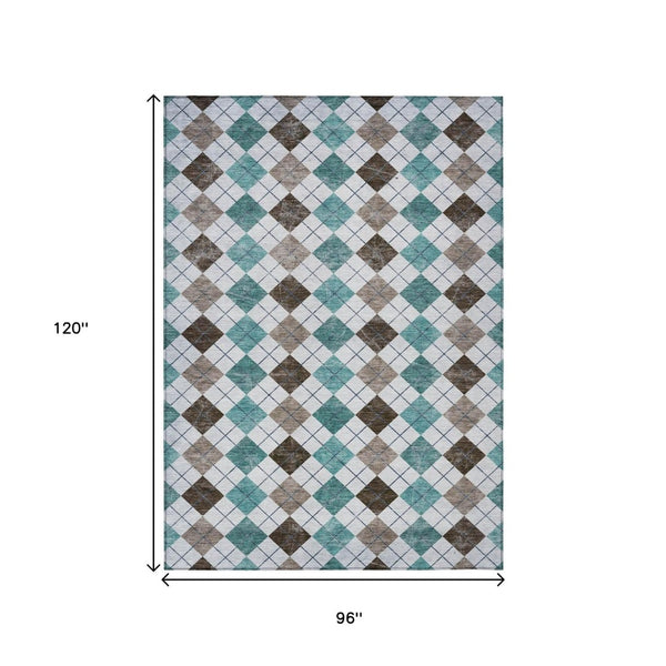 HomeRoots 8' X 10' Teal Blue Taupe Geometric Indoor Outdoor Area Rug - Durable, Washable, Stylish & Versatile! 639806