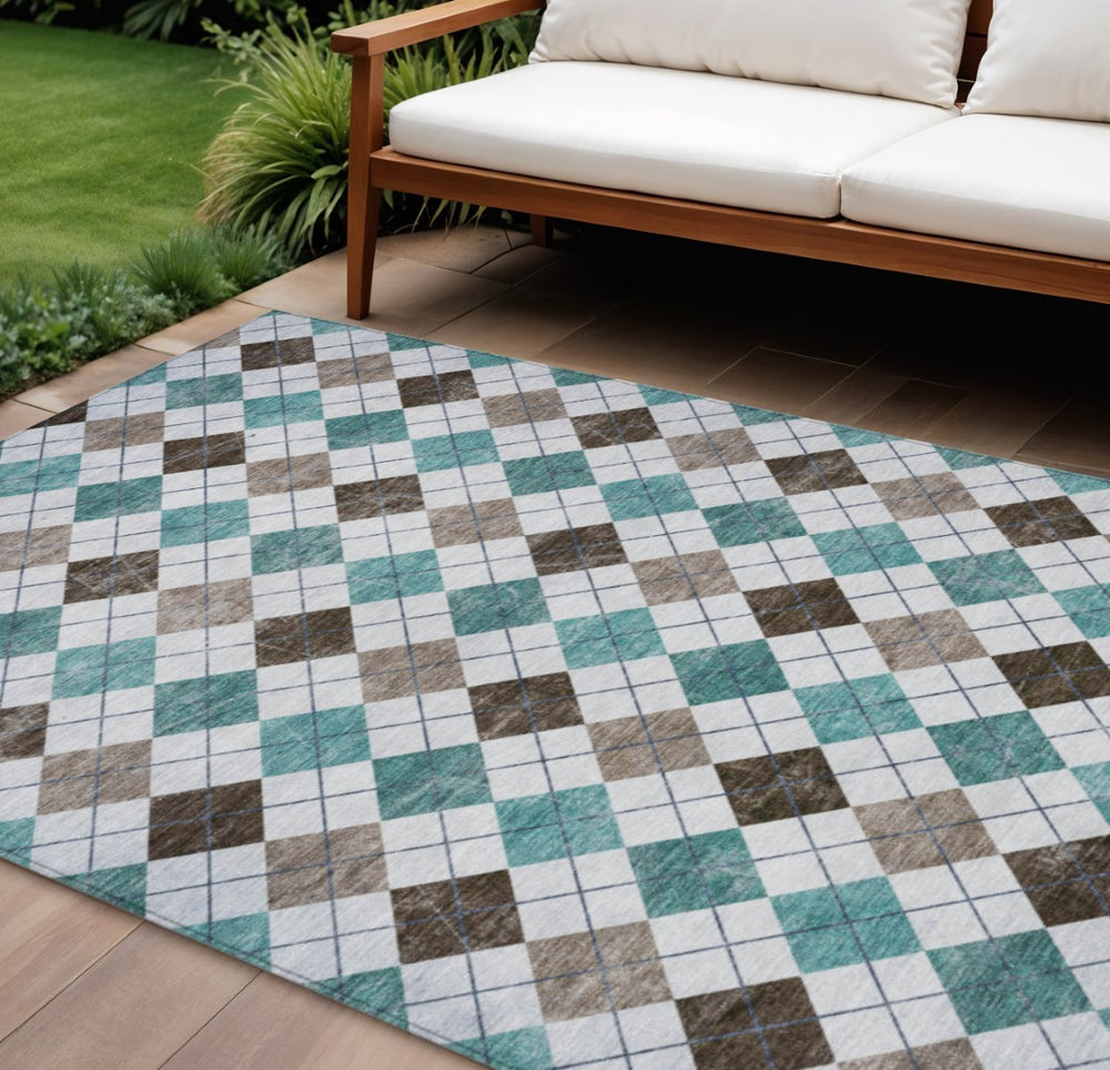 HomeRoots 9' X 12' Stylish Teal Blue Taupe Ivory Geometric Washable Area Rug for Indoor & Outdoor Spaces 639807
