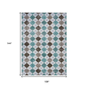 HomeRoots 9' X 12' Stylish Teal Blue Taupe Ivory Geometric Washable Area Rug for Indoor & Outdoor Spaces 639807