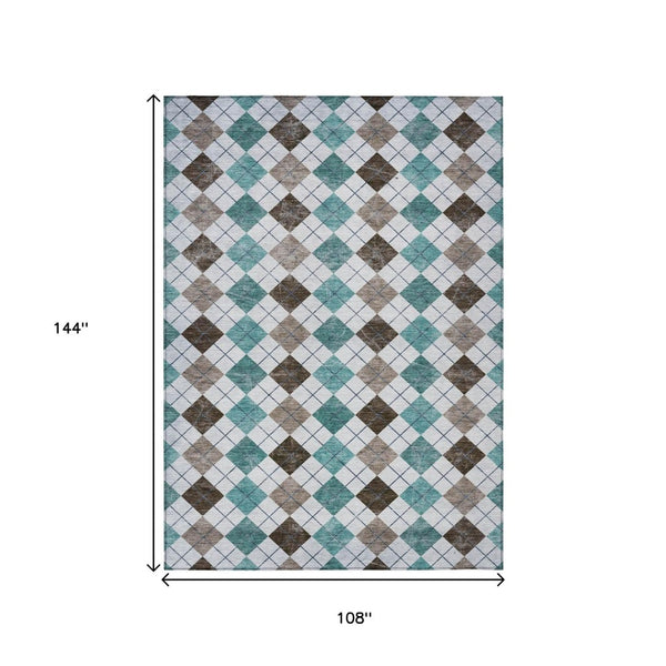 HomeRoots 9' X 12' Stylish Teal Blue Taupe Ivory Geometric Washable Area Rug for Indoor & Outdoor Spaces 639807