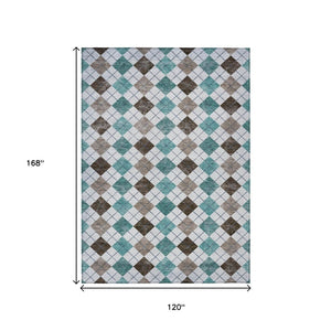 HomeRoots 10' Geometric Teal, Taupe & Ivory Washable Area Rug for Indoor/Outdoor High-Traffic Spaces 639808
