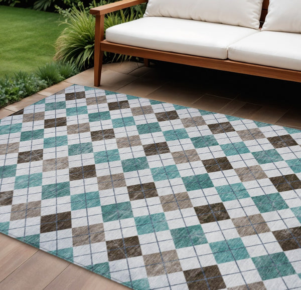 HomeRoots 10' Geometric Teal, Taupe & Ivory Washable Area Rug for Indoor/Outdoor High-Traffic Spaces 639808