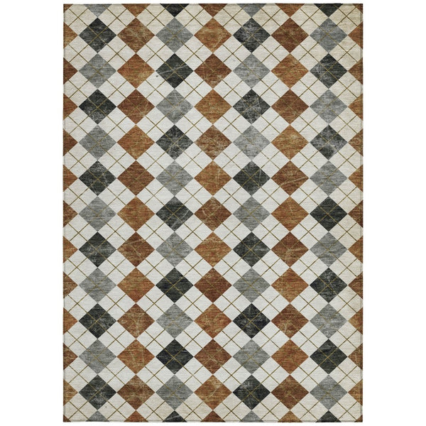 HomeRoots 5' Geometric Terra Cotta Ivory & Gray Area Rug - Washable, Durable for Indoor & Outdoor Use! 639810