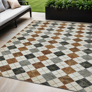 HomeRoots 5' Geometric Terra Cotta Ivory & Gray Area Rug - Washable, Durable for Indoor & Outdoor Use! 639810