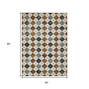 HomeRoots 5' Geometric Terra Cotta Ivory & Gray Area Rug - Washable, Durable for Indoor & Outdoor Use! 639810