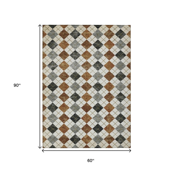 HomeRoots 5' Geometric Terra Cotta Ivory & Gray Area Rug - Washable, Durable for Indoor & Outdoor Use! 639810