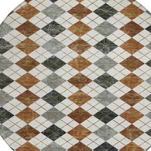 HomeRoots 8' Stylish Terra Cotta and Gray Round Geometric Area Rug - Washable for Indoor & Outdoor Use 639811