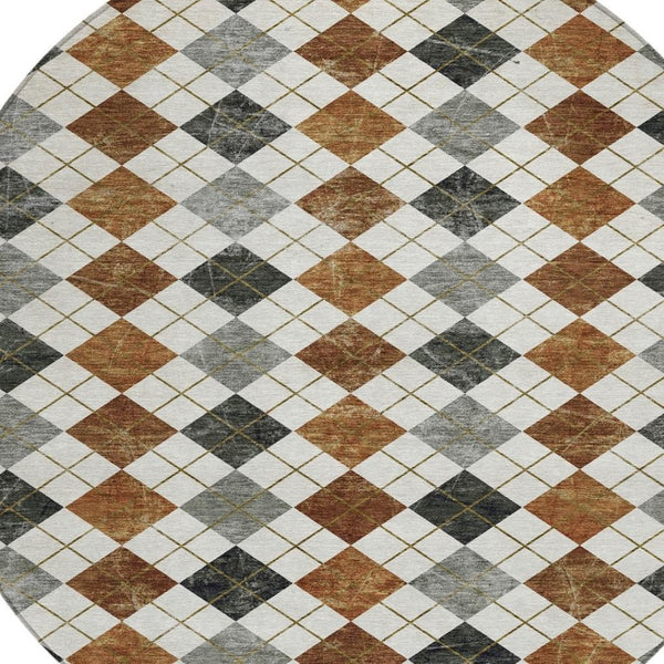 HomeRoots 8' Stylish Terra Cotta and Gray Round Geometric Area Rug - Washable for Indoor & Outdoor Use 639811