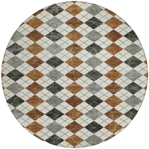 HomeRoots 8' Stylish Terra Cotta and Gray Round Geometric Area Rug - Washable for Indoor & Outdoor Use 639811