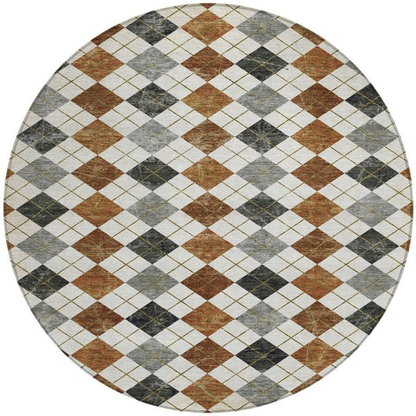 HomeRoots 8' Stylish Terra Cotta and Gray Round Geometric Area Rug - Washable for Indoor & Outdoor Use 639811