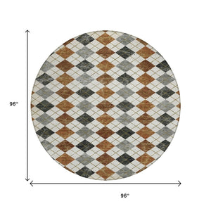 HomeRoots 8' Stylish Terra Cotta and Gray Round Geometric Area Rug - Washable for Indoor & Outdoor Use 639811