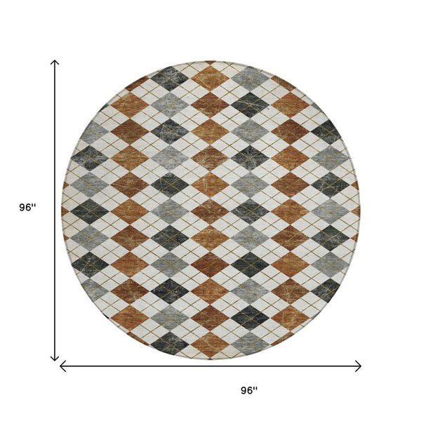 HomeRoots 8' Stylish Terra Cotta and Gray Round Geometric Area Rug - Washable for Indoor & Outdoor Use 639811