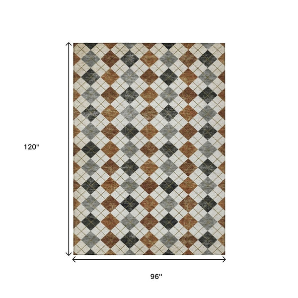 HomeRoots 8' X 10' Stylish Terra Cotta, Ivory & Gray Geometric Washable Rug for Indoor/Outdoor Use & Durability 639812