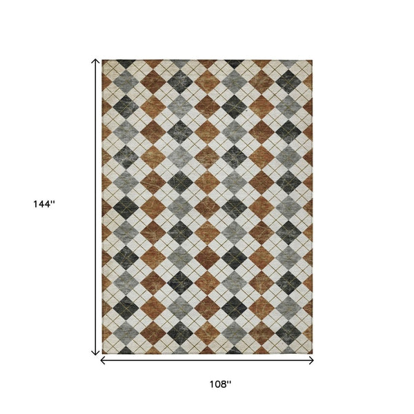 HomeRoots 9' X 12' Geometric Washable Area Rug in Terra Cotta, Ivory & Gray - Modern Style for Any Space! 639813