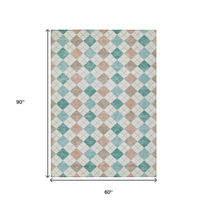 HomeRoots 5' Aqua Peach Ivory Geometric Rug - Machine Washable Indoor Outdoor Area Rug for Easy Care & Style 639816