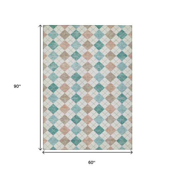 HomeRoots 5' Aqua Peach Ivory Geometric Rug - Machine Washable Indoor Outdoor Area Rug for Easy Care & Style 639816