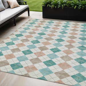 HomeRoots 5' Aqua Peach Ivory Geometric Rug - Machine Washable Indoor Outdoor Area Rug for Easy Care & Style 639816