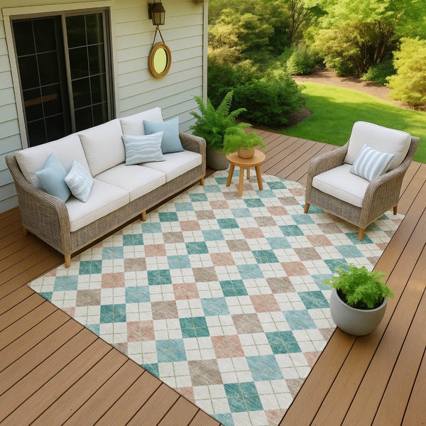 HomeRoots 5' Aqua Peach Ivory Geometric Rug - Machine Washable Indoor Outdoor Area Rug for Easy Care & Style 639816