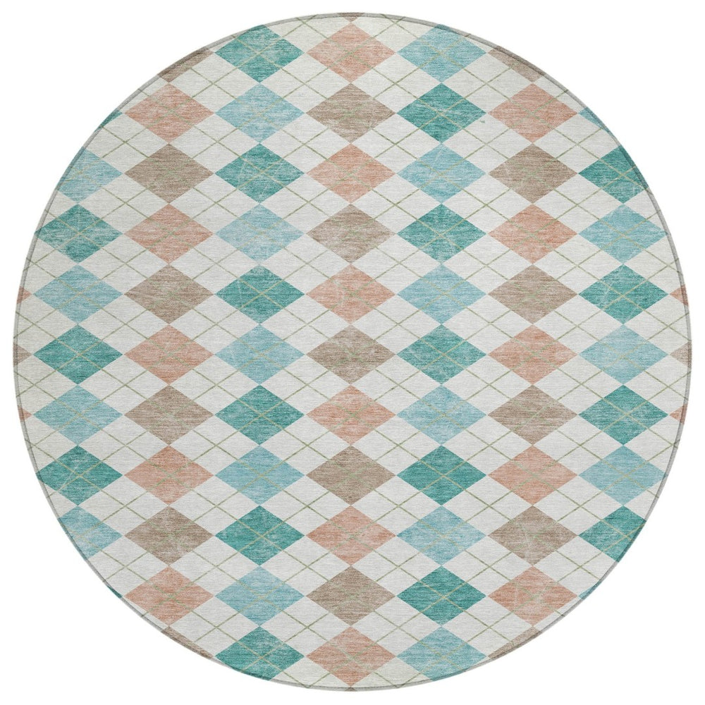 HomeRoots 8' Aqua Peach Geometric Round Area Rug - Stylish & Washable for Indoor/Outdoor High-Traffic Spaces 639817