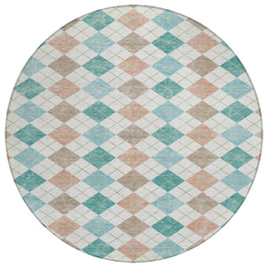 HomeRoots 8' Aqua Peach Geometric Round Area Rug - Stylish & Washable for Indoor/Outdoor High-Traffic Spaces 639817