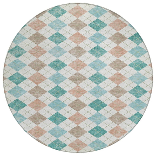 HomeRoots 8' Aqua Peach Geometric Round Area Rug - Stylish & Washable for Indoor/Outdoor High-Traffic Spaces 639817