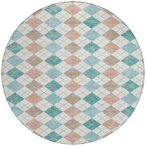 HomeRoots 8' Aqua Peach Geometric Round Area Rug - Stylish & Washable for Indoor/Outdoor High-Traffic Spaces 639817