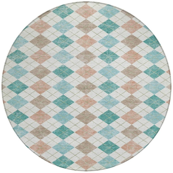HomeRoots 8' Aqua Peach Geometric Round Area Rug - Stylish & Washable for Indoor/Outdoor High-Traffic Spaces 639817