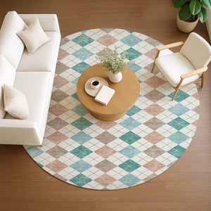 HomeRoots 8' Aqua Peach Geometric Round Area Rug - Stylish & Washable for Indoor/Outdoor High-Traffic Spaces 639817