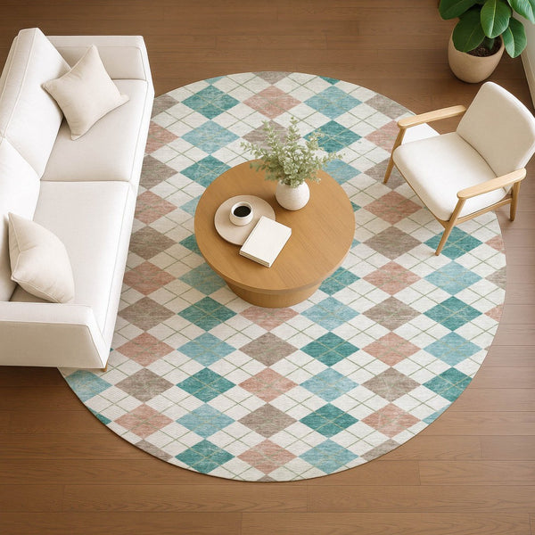 HomeRoots 8' Aqua Peach Geometric Round Area Rug - Stylish & Washable for Indoor/Outdoor High-Traffic Spaces 639817