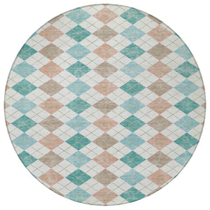 HomeRoots 8' Aqua Peach Geometric Round Area Rug - Stylish & Washable for Indoor/Outdoor High-Traffic Spaces 639817