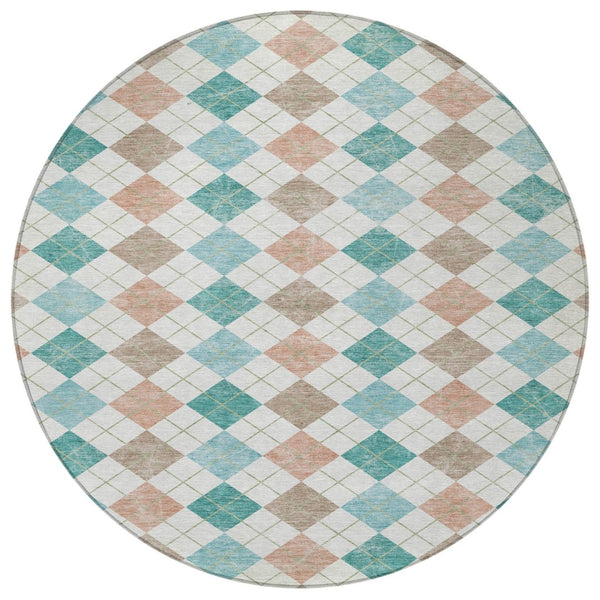 HomeRoots 8' Aqua Peach Geometric Round Area Rug - Stylish & Washable for Indoor/Outdoor High-Traffic Spaces 639817