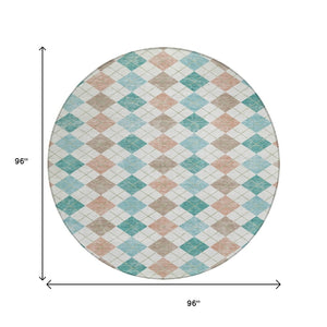 HomeRoots 8' Aqua Peach Geometric Round Area Rug - Stylish & Washable for Indoor/Outdoor High-Traffic Spaces 639817