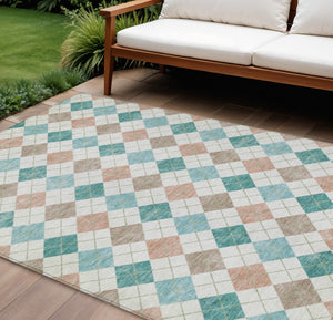 HomeRoots 8' X 10' Stylish Aqua Peach Ivory Geometric Washable Rug - Perfect for Indoor & Outdoor Spaces! 639818