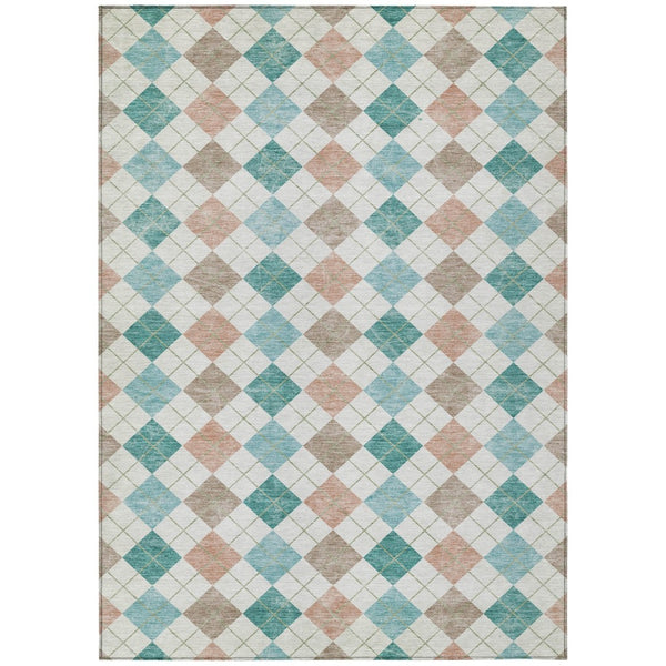 HomeRoots 8' X 10' Stylish Aqua Peach Ivory Geometric Washable Rug - Perfect for Indoor & Outdoor Spaces! 639818