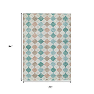 HomeRoots 9' X 12' Geometric Aqua Peach & Ivory Washable Area Rug for Indoor & Outdoor High-Traffic Spaces 639819