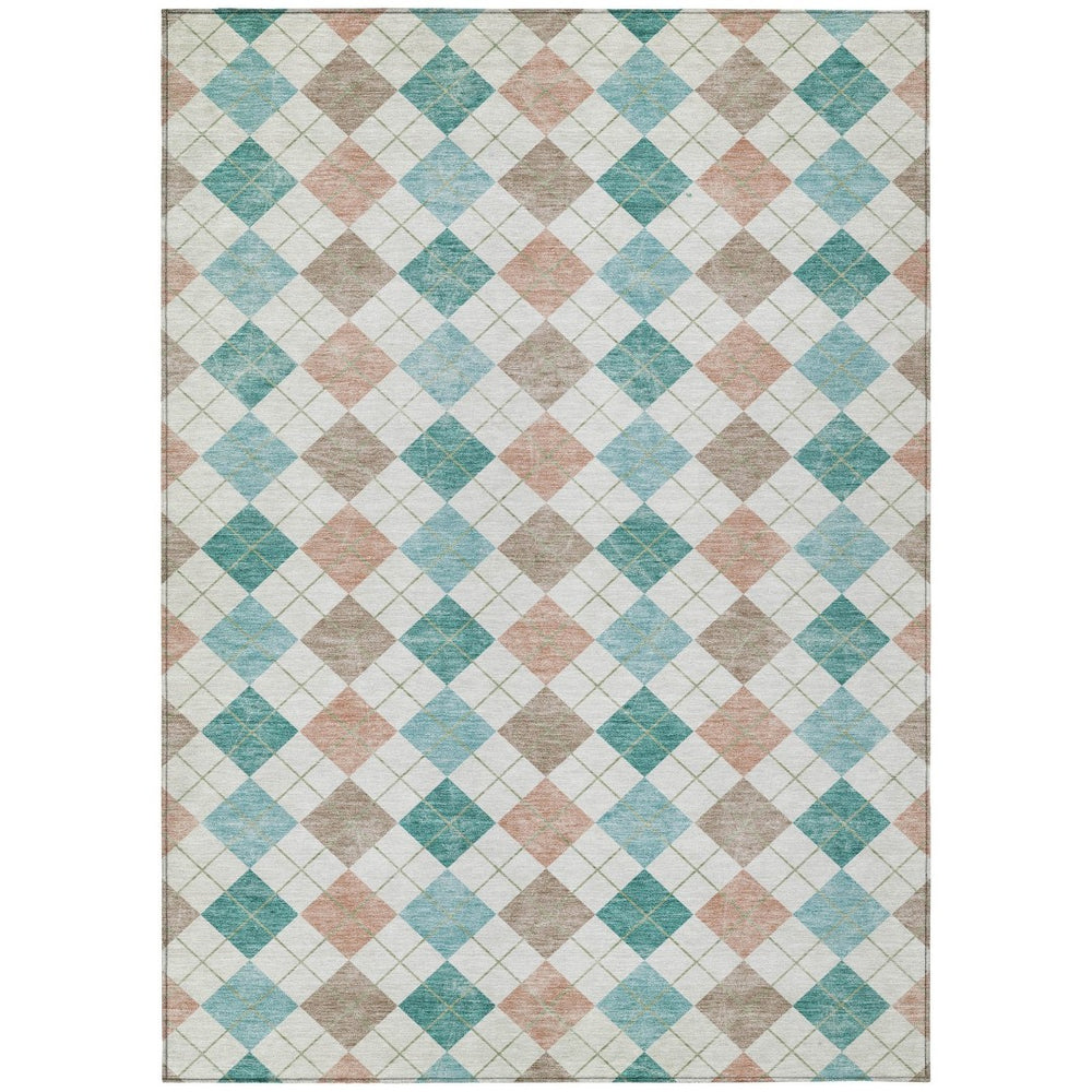 HomeRoots 9' X 12' Geometric Aqua Peach & Ivory Washable Area Rug for Indoor & Outdoor High-Traffic Spaces 639819