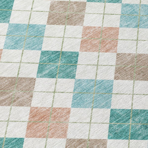 HomeRoots 9' X 12' Geometric Aqua Peach & Ivory Washable Area Rug for Indoor & Outdoor High-Traffic Spaces 639819