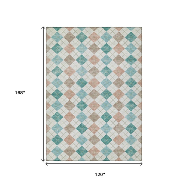 HomeRoots 10' Modern Aqua Peach Ivory Geometric Area Rug - Durable, Washable, Indoor/Outdoor Design for All Spaces 639820