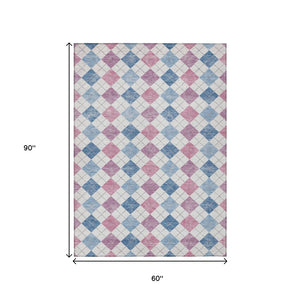 HomeRoots 5' Stylish Geometric Blue, Pink & Ivory Indoor-Outdoor Area Rug - Washable, Durable & Versatile 639822