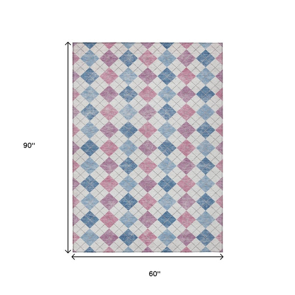 HomeRoots 5' Stylish Geometric Blue, Pink & Ivory Indoor-Outdoor Area Rug - Washable, Durable & Versatile 639822