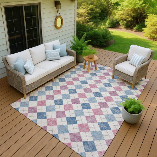 HomeRoots 5' Stylish Geometric Blue, Pink & Ivory Indoor-Outdoor Area Rug - Washable, Durable & Versatile 639822